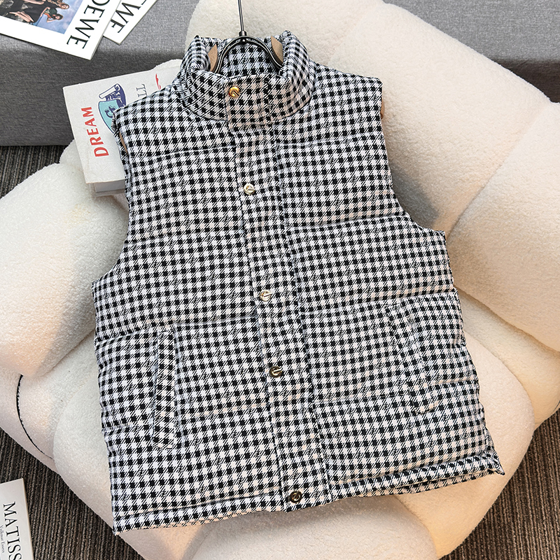 New Houndstooth Men's Vest, Autumn and Winter Trendy Stylish Outerwear, Warm Vest with Stand Collar, Cotton Plaid Gilet