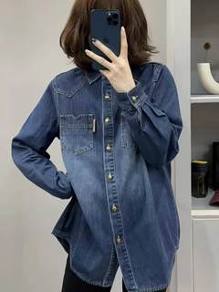 Retro blue velvet denim shirt for women autumn and winter 2025 new loose casual versatile design shirt jacket