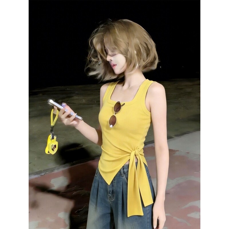 Beautiful Thai-Style Yellow Camisole for Women, 2026 Summer New Design, Tie-Up Sleeveless T-Shirt Top