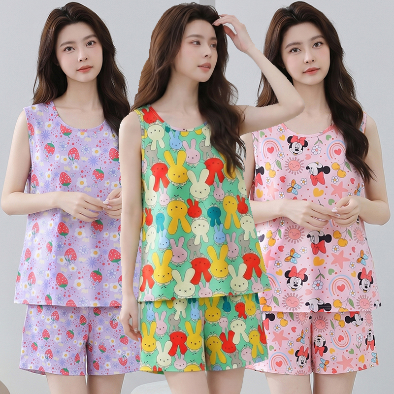 Summer Women's Thin Cartoon Print Cotton Thick Two-Piece Set Sleeveless Vest Shorts Pajamas Set Loose Home Wear