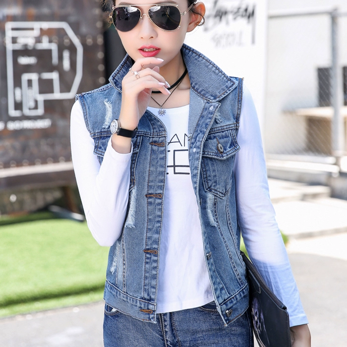 Mùa xuân và mùa thu năm 2021 phiên bản Hàn Quốc của kích thước lớn xé ngắn denim áo vest nhỏ không tay áo vest áo khoác ghi lê quần áo phụ nữ - Áo vest