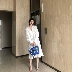 Váy sơ mi trắng 2019 xuân hè Hàn Quốc V-cổ dài tay eo dài xù dài eo cao - Sản phẩm HOT