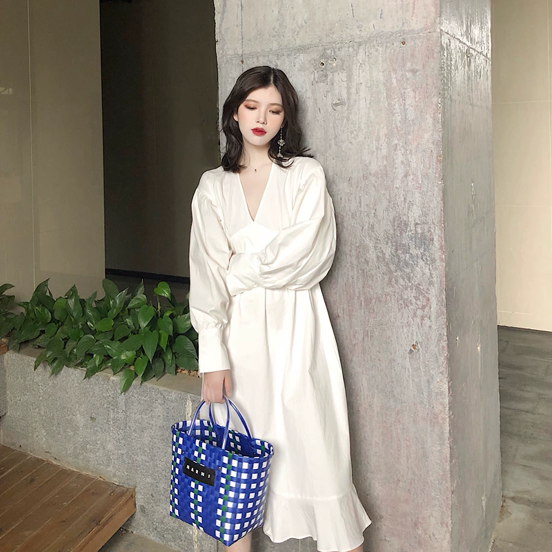 Váy sơ mi trắng 2019 xuân hè Hàn Quốc V-cổ dài tay eo dài xù dài eo cao - Sản phẩm HOT