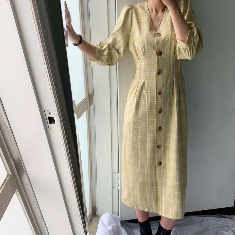 Thung lũng bí ngô với cùng một chiếc váy nữ dài xuân 2019 mới cho phụ nữ retro tay áo bong bóng - Váy eo cao đầm xoắn eo