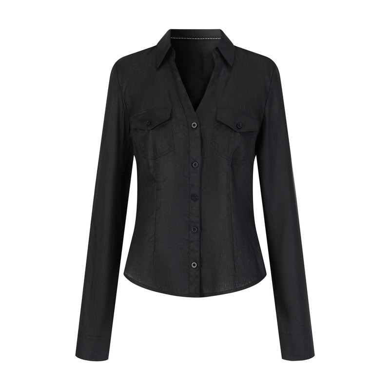 Mhv Archive Women's Waist-Cinching V Neck Linen Nine-Quarter Sleeve Shirt