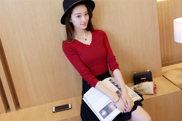 Xuân 2018 thu đông ngắn áo len ngắn tay áo len nữ tay dài cổ chữ V thon gọn cổ thấp áo len chạm đáy áo len kiểu hàn quốc cực đẹp