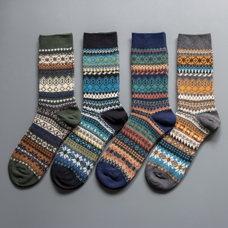 Men's Mid-Calf Socks, Retro Ethnic Style, American Casual Japanese Striped Workwear, Seamless Double-Needle Combed Cotton Long Socks
