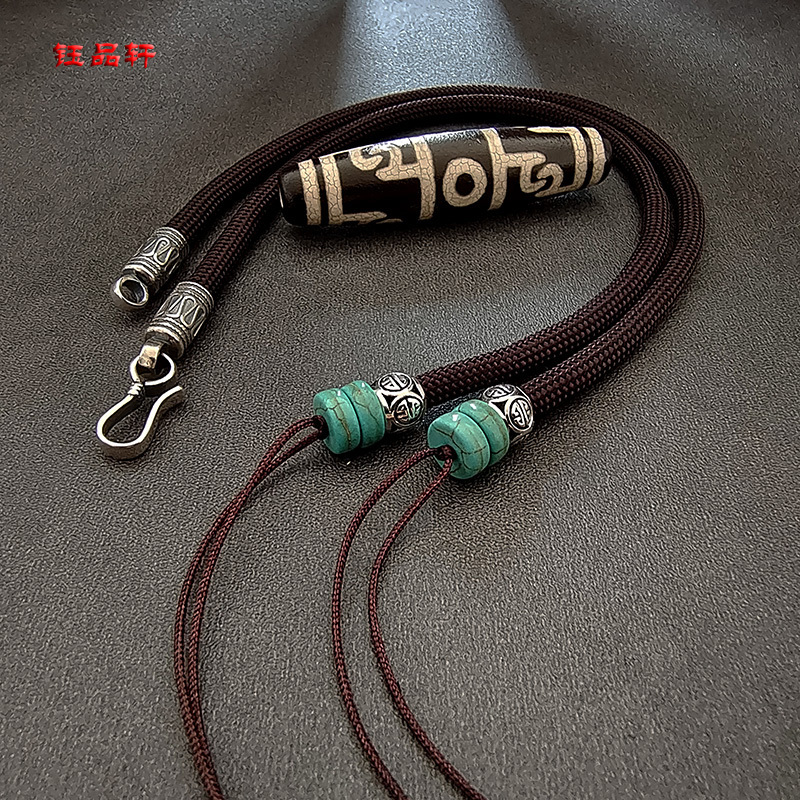 High-End Cross-Strapped Dzi Bead Necklace Cord, Tibetan-Style Accessory Cord, Jade Pendant Cord, Fortune Bead Pure Silver Premium Necklace Cord