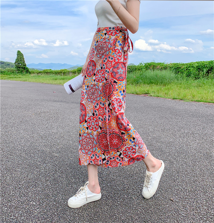 Dai Ethnic Skirt for Women, Xishuangbanna Ethnic Style Printed Slit Wrap Skirt, One-Piece Tie-Up Skirt for Seaside Vacation