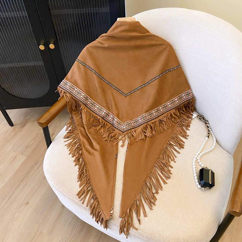 Western Cowboy Grassland Xinjiang Desert Ethnic Style Travel Photography Suede Embroidered Tassel Oversized Triangular Shawl Scarf