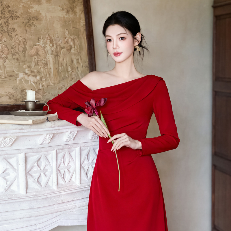 One-Shoulder Toast Dress for the Bride 2026 New Style High-End Wedding Burgundy Homecoming Casual Long-Sleeve Engagement Dress