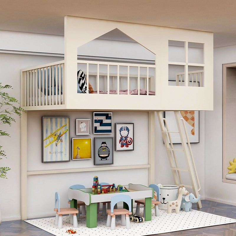 Loft Bed with Elevated Bed and Empty Space Below, Staggered Single Upper Bunk Bed, Small Apartment Bed with Desk Below, Treehouse Style