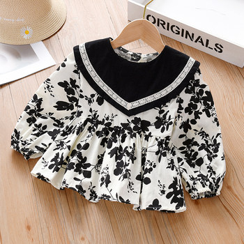 Girls' shirt spring and autumn long-sleeved 2021 new Korean version of the lapel ink floral doll shirt baby foreign style shirt