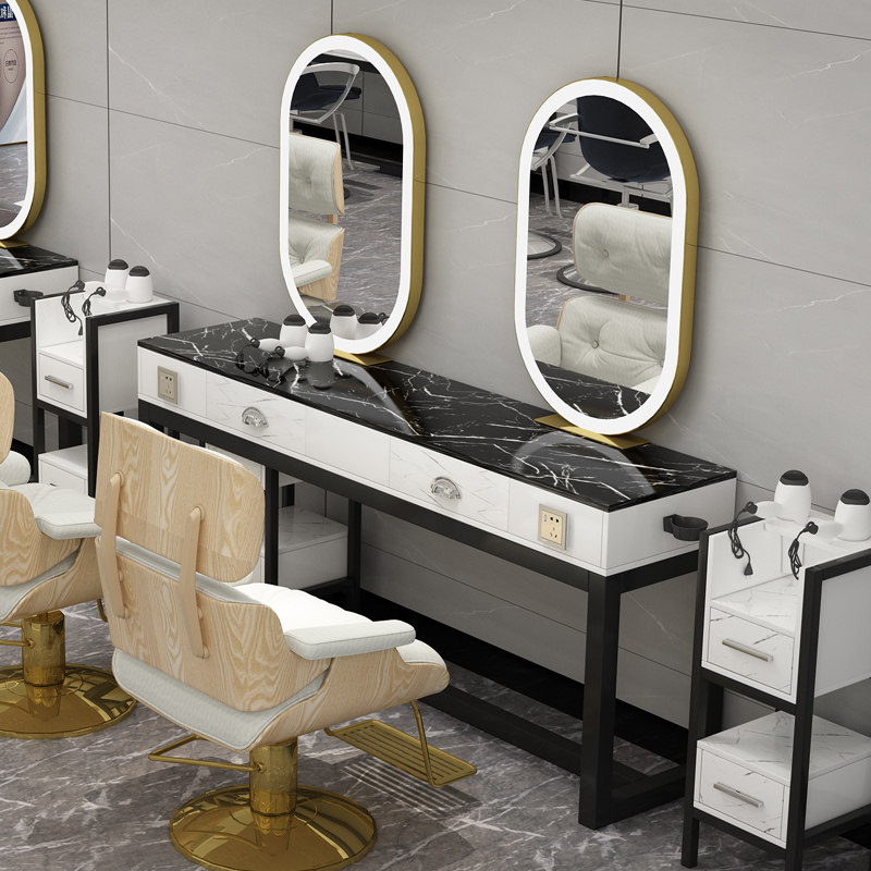 Barber shop mirror table LED lamp hair mirror single-sided beauty makeup cabinet integrated marble double-sided perm table