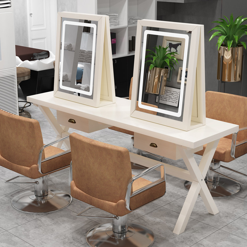 Beauty Hair Mirror Solid Wood Retro Hairstyle Shop Mirror Desk Floor Type With Lamp LED Beauty Makeup Special