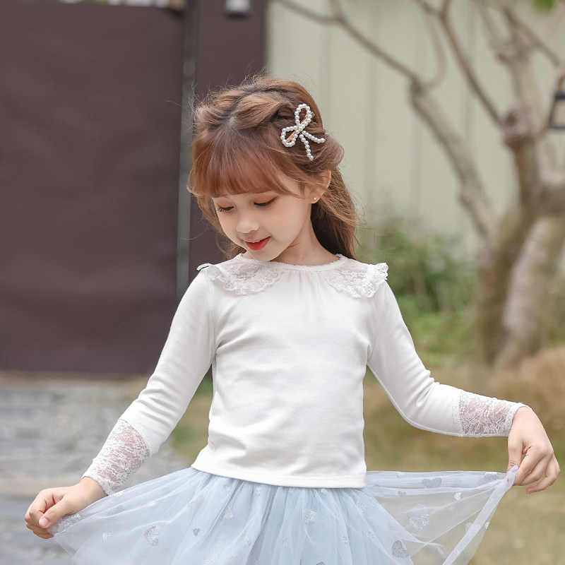 Boat rat girl white T-shirt long sleeve lace lace lace lace round collar female baby blouses children jersey undershirt spring autumn