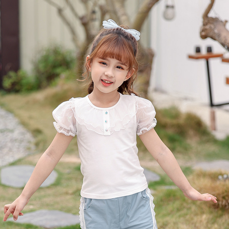 Boat Mouse Boy dress girl Summer clothing white T-shirt Ocean Thin Round Neckline yarn hot stamping Children's baby girl's blouse