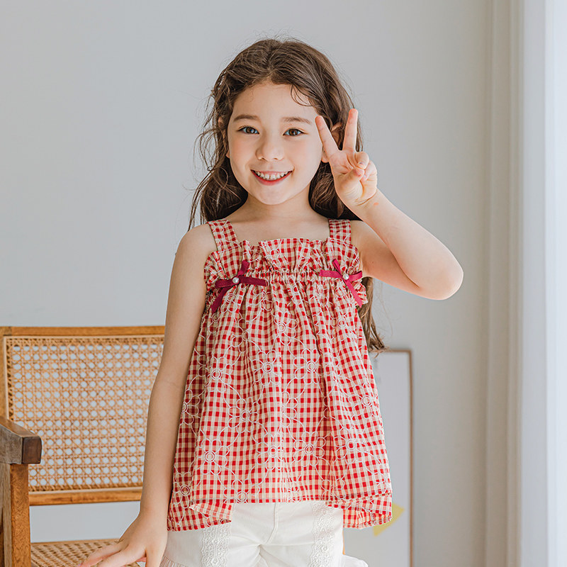 Boat rat children's clothing girls sleeveless vest Western style summer thin section 2021 new elastic plaid children's girl baby top