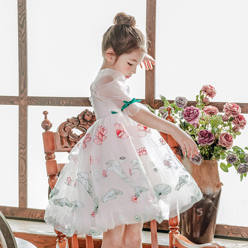Boat mouse girls summer dress dress thin little girl lace lace square neck lotus embroidery gauze skirt children's princess dress