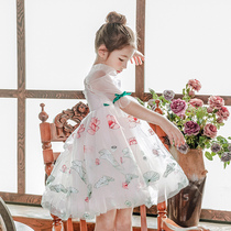 Boat rat girl summer dress dress slim girl lace floral lace square collar lotus embroidered dress child princess dress