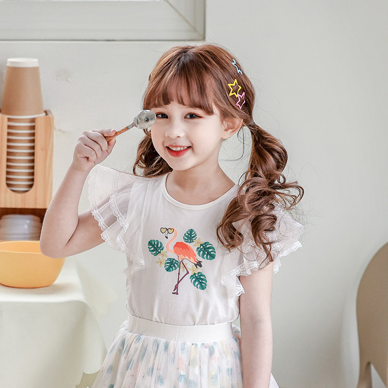 Boat rat girl T-shirt Summer dress Ocean sending thin children round neckline mesh yarn flying sleeves printed girl clothes female baby blouse