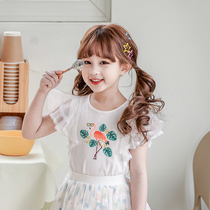 Boat rat girl t-shirt summer dress foreign air thin children round neckline mesh yarn flying sleeve printed girl clothes woman baby blouse