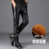 Quần da nam cộng nhung Slim 2019 mới mùa thủy triều xe máy dày chống gió cưỡi ấm chân đầu máy mùa xuân - Quần da quần jogger nam Quần da