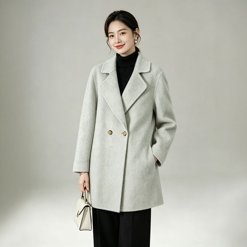 Gray-Green Double-Sided Wool Coat for Women, with a Suit Collar, Mid-Length, Suitable for Petite Figures, Slimming, and with a High-End Feel Gray-Green Double-Sided Wool Coat for Women, with a Suit Collar, Mid-Length, Suitable for Petite Figures, Slimming, and with a High-End Feel