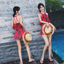 Korean ins swimsuit women show thin one-piece skirt fairy fan small chest gathered sexy backless hot spring swimsuit