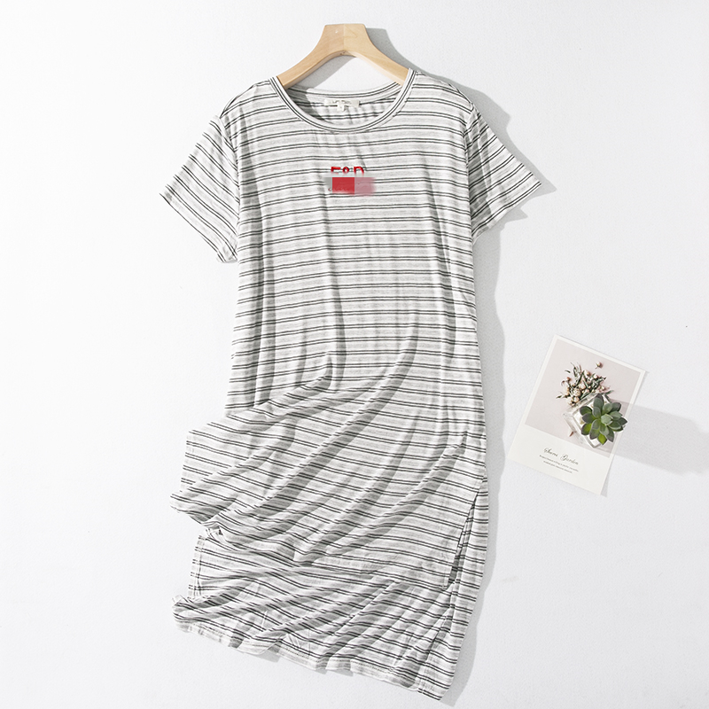 Grey StripeD22-1 summer new pattern female stripe letter Embroidery T-shirt skirt knitting elastic force Thin Irregular Short sleeve Dress