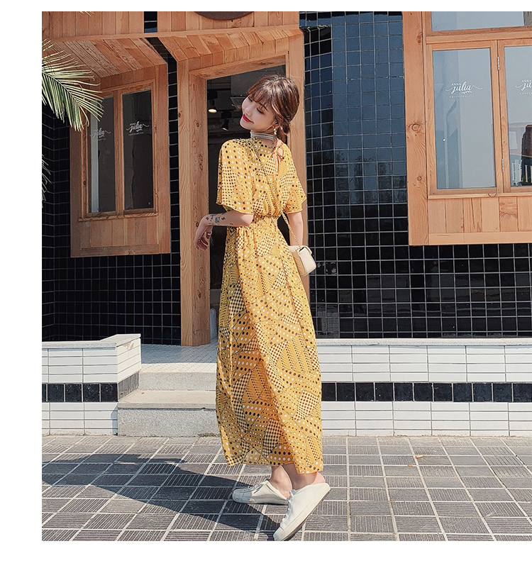 VK旗艦店 韓國風波點印花雪紡收腰V領優雅短袖洋裝