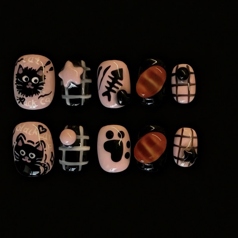 [Scared Cat] Black and Pink Color-Enhancing Wearable Nail Patches, Handmade 3D Short Fake Nails