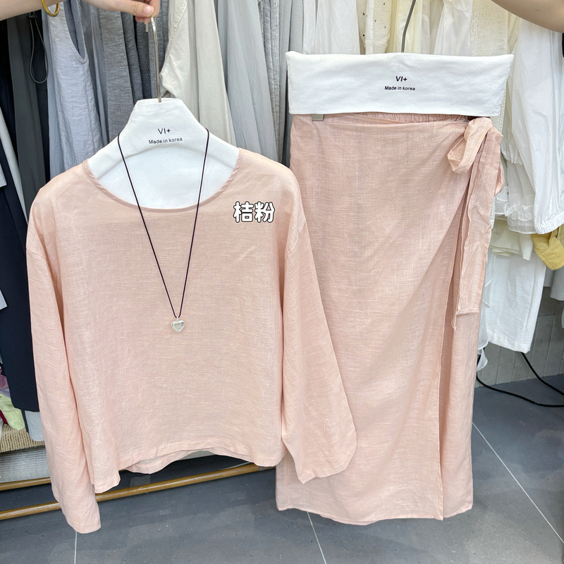 Vi+ (the Only One of Its Kind) - Linen Sun Protection Shirt + Unique Tie Design Skirt Two-Piece Set 803