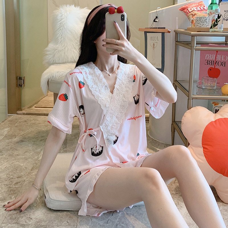 Pajamas women's summer cotton short-sleeved thin two-piece suit Japanese kimono lace 2021 summer loose home clothes