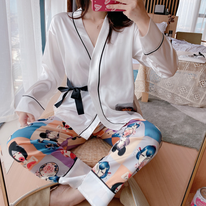 Pajamas women's Japanese kimono white spring and autumn ice silk long-sleeved thin section cute cartoon home clothes simulation silk summer