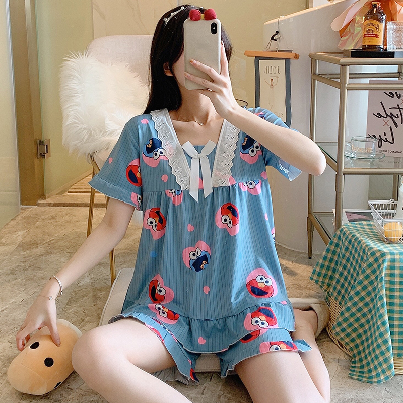 Sleepwear Woman Summer Thin style short sleeves Two-style suit Pure cotton 2021 New web Red exploits can be worn outside the home clothes
