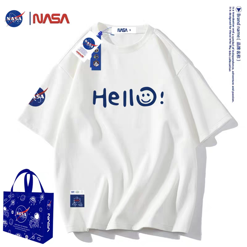 Nasa Official Flagship Hello Letter Short-Sleeved T-Shirt for Men and Women, Summer Loose-Fitting Couple Wear, American-Style Cotton T-Shirt Nasa Official Flagship Hello Letter Short-Sleeved T-Shirt for Men and Women, Summer Loose-Fitting Couple Wear, American-Style Cotton T-Shirt