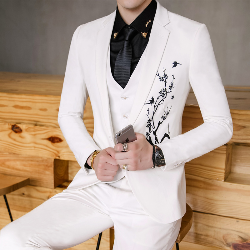 男发型师西服套装韩版修身酒吧夜场少爷职业工作服绣花西装三件套