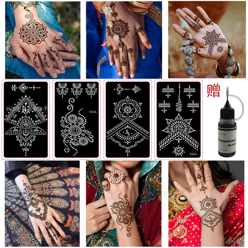 Eight Cut-Out Spray-Painted Henna Tattoo Templates with Glitter Juice Designs (Includes Pigment/Non-Tattoo Stickers)