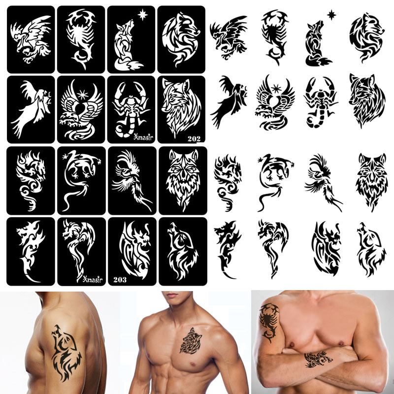 Four Large Sheets (Including 32 Small Sheets) of Male Arm Wolf and Dragon Spray-Painted Hollow Tattoo Templates (Comes with 1 Bottle of Black Juice)