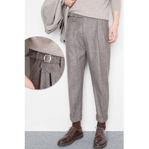 With a belt autumn and winter wool nine-point trousers mens loose straight Korean pants wild wool boys  casual pants