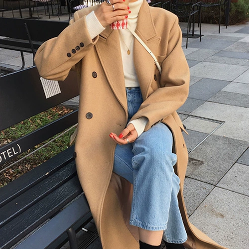 Длинное шерстяное пальто, желтовато-коричневый костюм, куртка, коллекция 2021, длина макси, увеличенная толщина, в корейском стиле, свободный крой