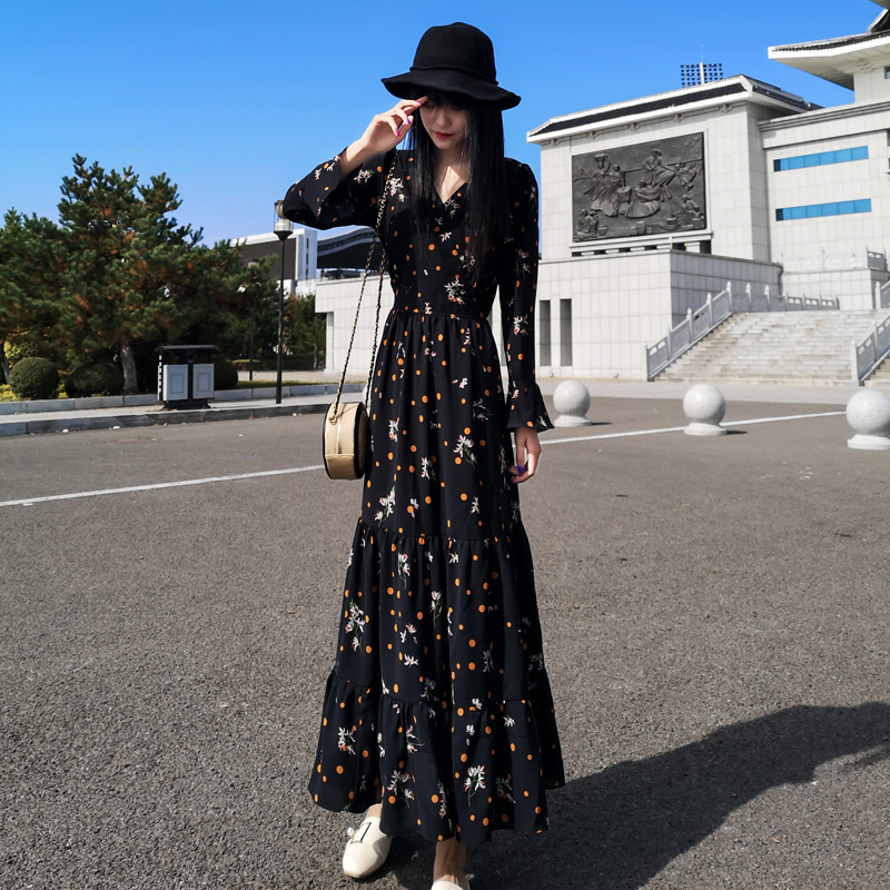Spring and Autumn 2023 New Style Extra-Long Ankle-Length Dress Floral Chiffon V-Neck Long-Sleeved Waist-Cinching Slimming Ankle-Length Women's Dress