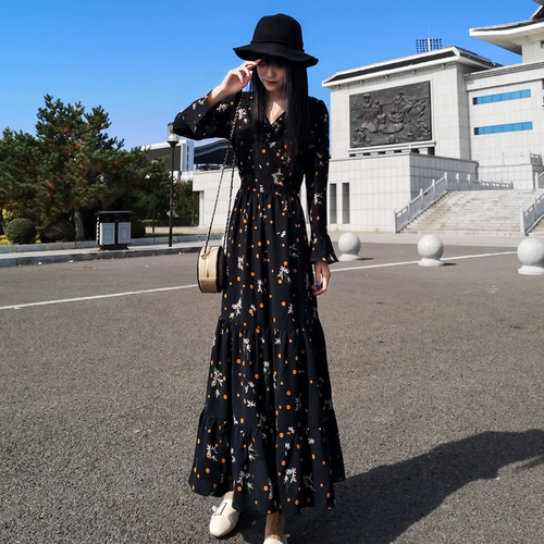 Осеннее сверхдлинное шифоновое платье, приталенный лонгслив, корсет, юбка, коллекция 2023, V-образный вырез