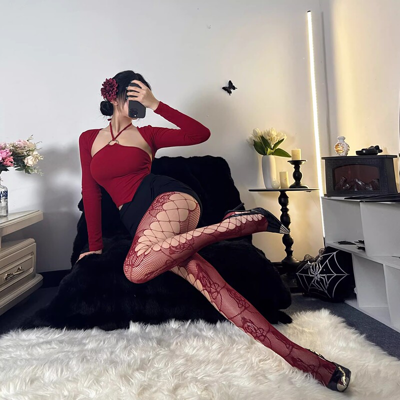 Japanese Style Plus Size Sexy Open-Crotch Fishnet Stockings Lace Side Hollow-Out Pantyhose 100kg Women