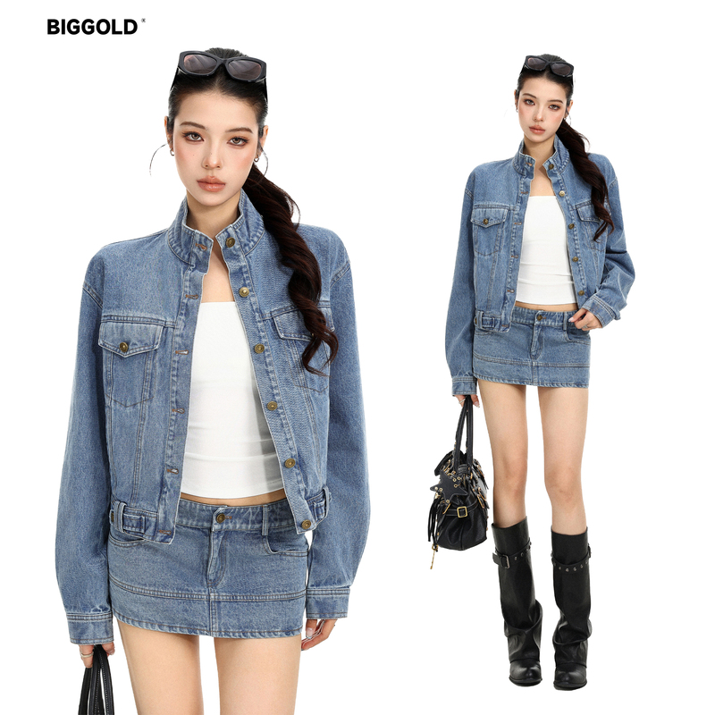 Biggold American Retro Stand-Up Collar Denim Jacket for Women, Autumn Loose Fit, Slimming, Distressed Washed Jacket, Short Top