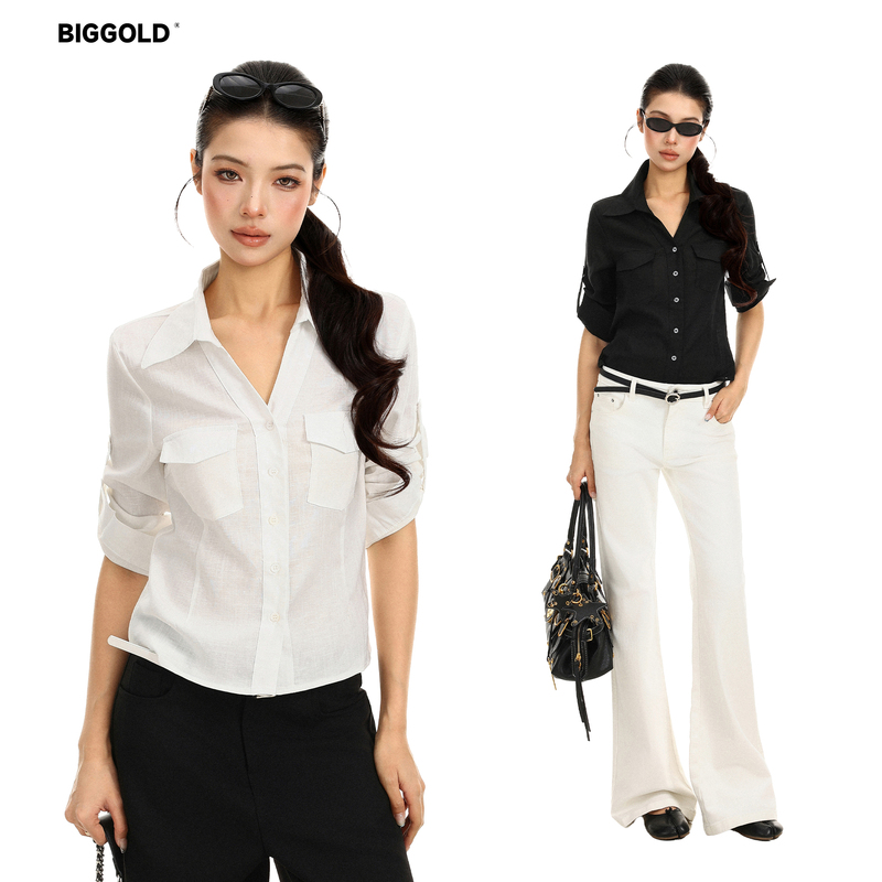 Biggold Linen Rolled-Sleeve Shirt Top for Women, Autumn Design with Double Pockets, Casual Commuting Long-Sleeve Shirt Biggold Linen Rolled-Sleeve Shirt Top for Women, Autumn Design with Double Pockets, Casual Commuting Long-Sleeve Shirt