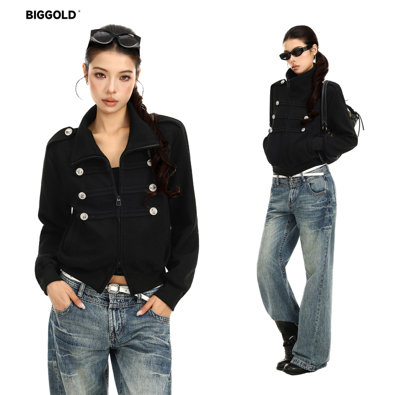 Biggold Napoleon Stand Collar Double-Breasted Jacket for Women, Autumn Vintage Court Style Slim Short Jacket Top