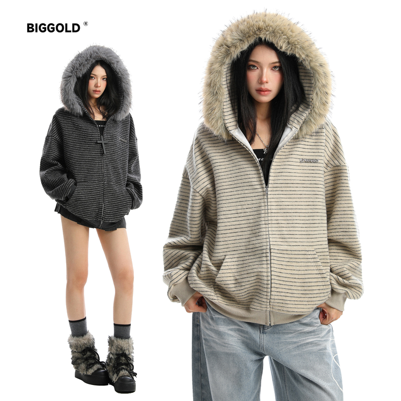 Biggold American-Style Striped Detachable Large Fur Collar Hooded Sweatshirt for Women, Couple's Autumn Lazy Style Fleece-Lined Jacket