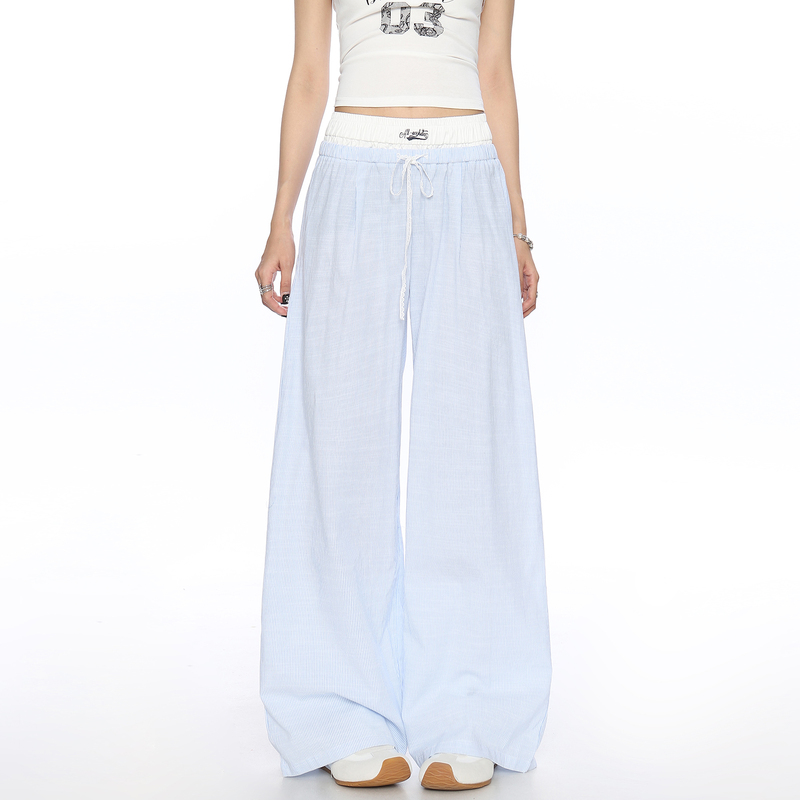 Biggold European Style Faux Two-Piece Lace Patchwork Casual Pants for Women, Loose Straight-Leg Ballet Style Wide-Leg Striped Pants